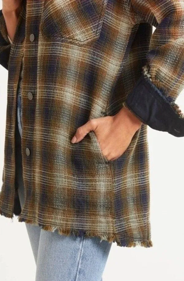 Free People Anneli Plaid Shirt Jacket Shacket Size Small Navy Tobacco - Image 4