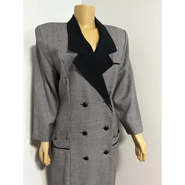 90s Abbey Lane Vintage Houndstooth Double Breasted Blazer Dress Black White 12 - Image 2