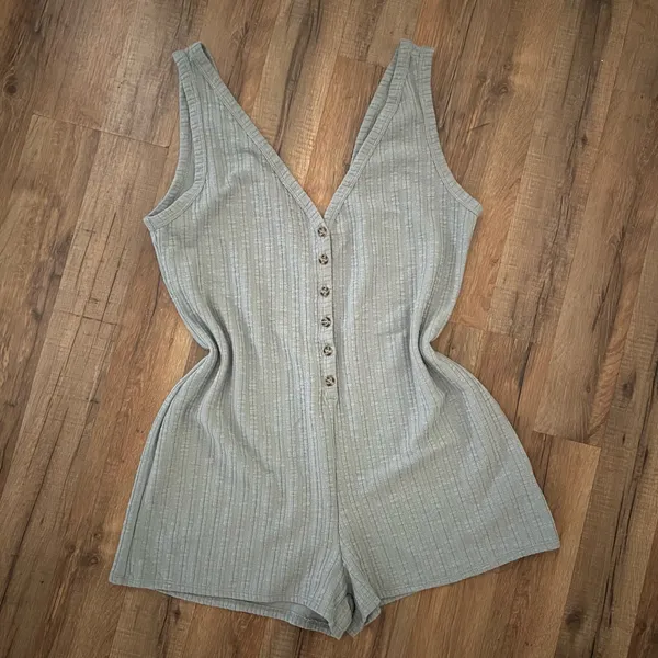 Lulus Let's Go Unwind Sage Green Knit Button-Front Lounge Romper - Image 5