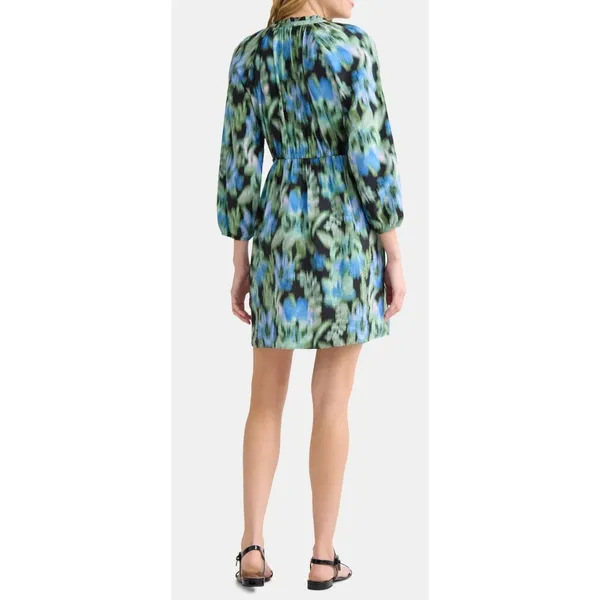 Time and Tru Womens Mini Dress Sz M Floral Ikat Black Ruffle Neck Boho Vacation - Image 6