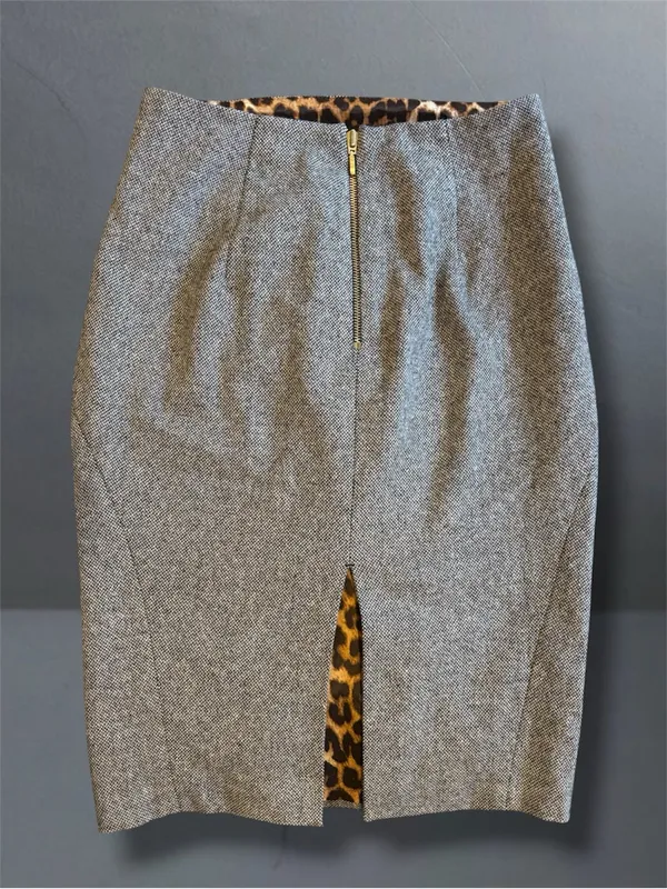 EXPRESS Design Studio Tweed Pencil Skirt Size 0 Leopard Print Lining Grey - Image 5
