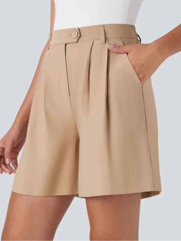 NWOT Halara Khaki High-Waisted Zipper Pocket Work Linen-Feel Shorts - Image 2