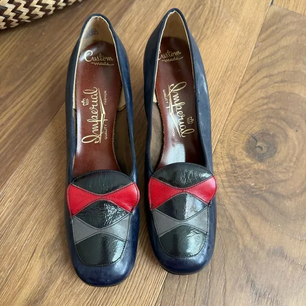 Vintage 60s 70s Imperial Block 2.5” Heel Shoes Navy Blue Black Red Grey 7 - Image 2
