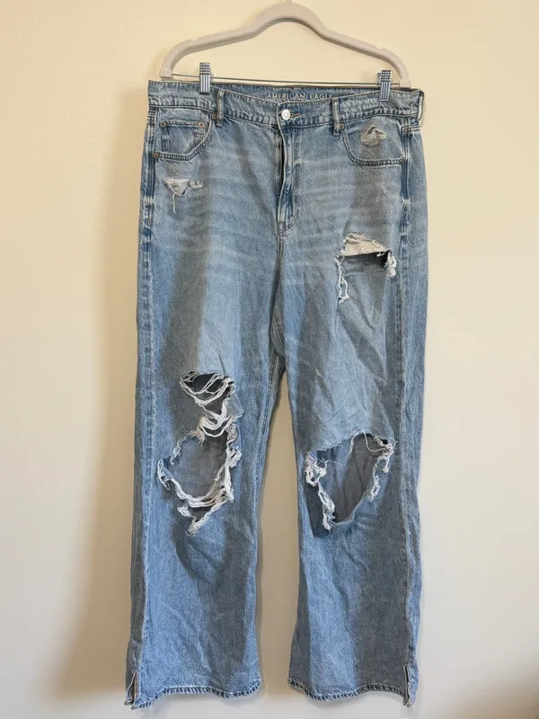 American Eagle Super High Rise Baggy Wide Leg Jeans Size 14 Regular Distressed - Image 2