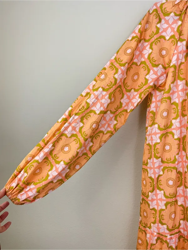 Ivy City Co Imogen Dress Orange Pink Floral Tie Neck Long Sleeve Maxi‎ Size XS - Image 6