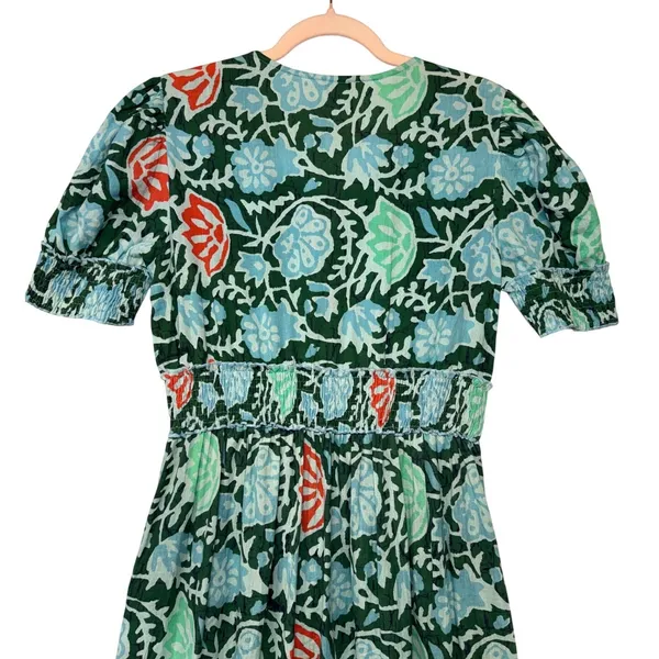 Lukap Paris Floral Cotton Maxi Dress Green Blue Smocked Puff Sleeve S/M Boho‎ - Image 8