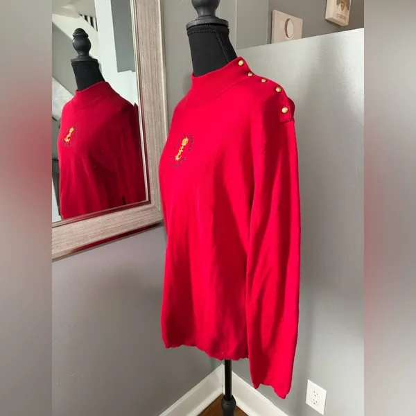 Lauren Ralph Lauren red nautical crest mock neck sweater gold button detail XL. - Image 3