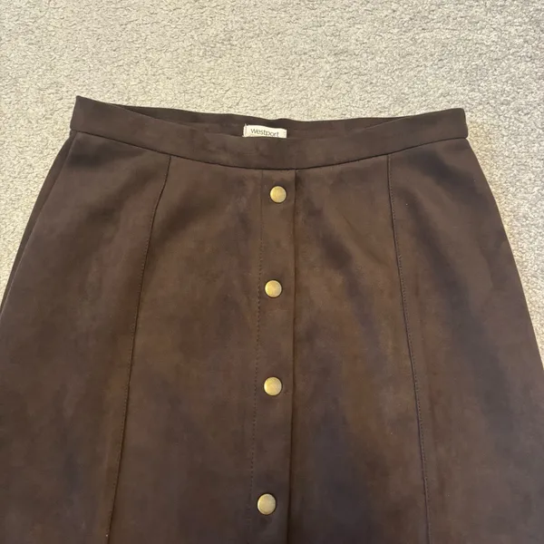 Westport Dark Brown Faux Suede Pencil Skirt with Buttons - Image 2