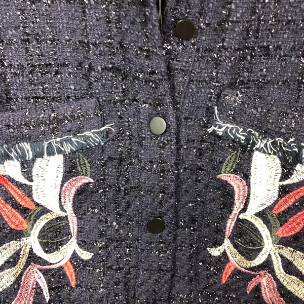 Foxiedox Floral Embroidered Fringe Tweed Jacket Dark Blue Women's Size Medium - Image 7