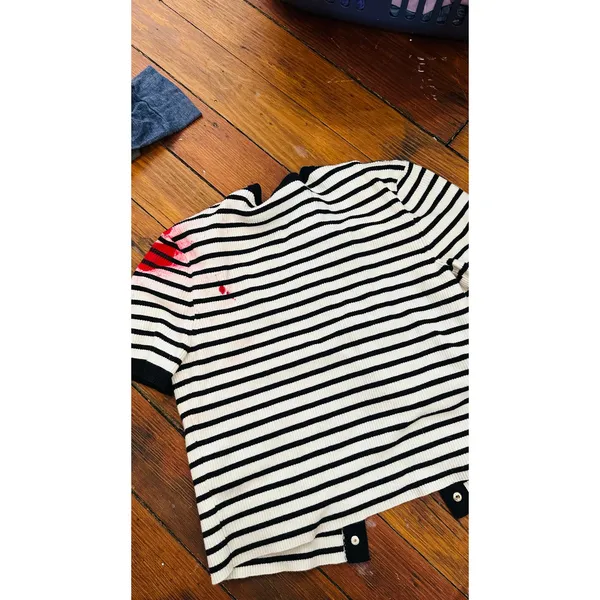 MAJE Black White Striped Gold Button Detail Cardigan Cropped Size 2 FLAWED - Image 3