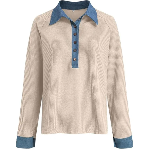 NWOT ~ Women's Beige Ribbed Casual Top with Blue Denim Trim & Collar ~ MEDIUM - Image 2