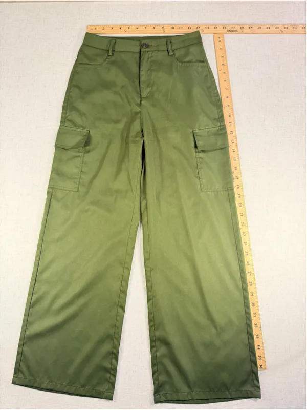 Women’s High Waisted Wide Leg Cargo Pants Flap Pockets Army Olive Green Small - Image 2