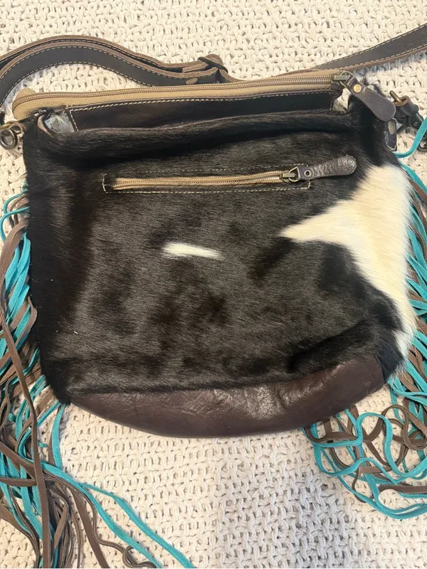 Myra Bag Black and White Cowhide Crossbody with Turquoise and brown Fringe - Image 3