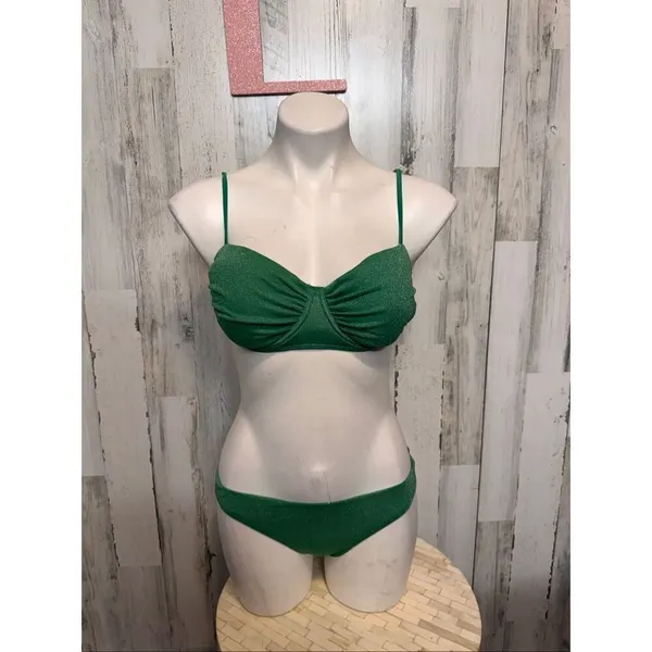 Green Sparkle 3-Piece Bikini Set Women’s Size L | Ruched Top + Bottoms + Sarong - Image 6