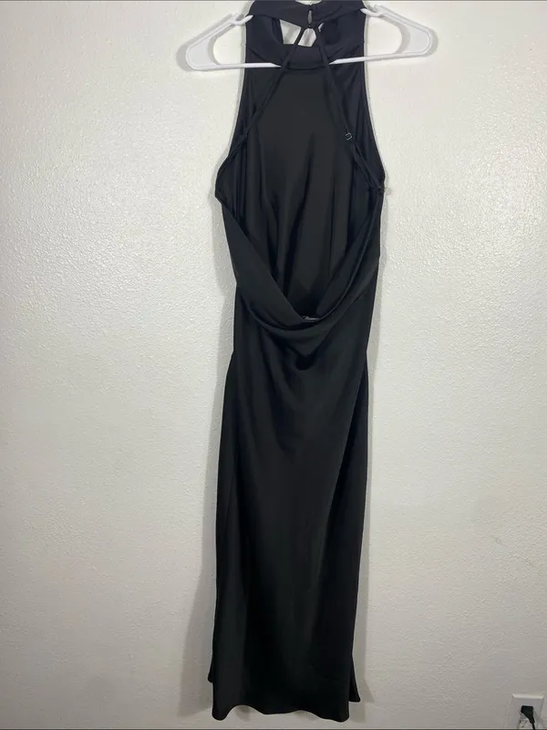 Hello Molly Black Halter Satin Maxi Dress with Side Slit Size L US8 - Image 7