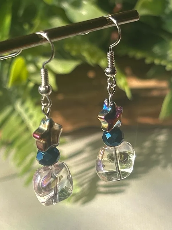 Handmade Iridescent Star Drop Earrings with Blue Accent - Image 2