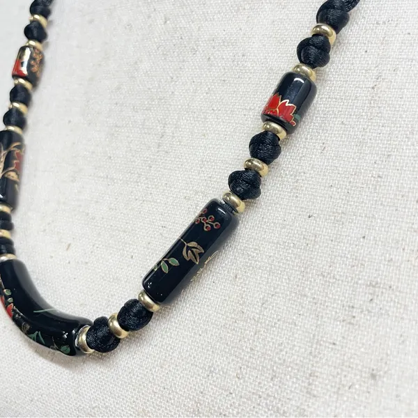 Vintage Black Floral‎ Ceramic Bead Cord Necklace Witchy Goth Romantic - Image 6