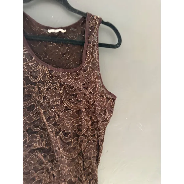 BKE Y2k Brown Gold Metallic‎ Floral Lace Racerback Tank Top Sheer Sleeveless - Image 2