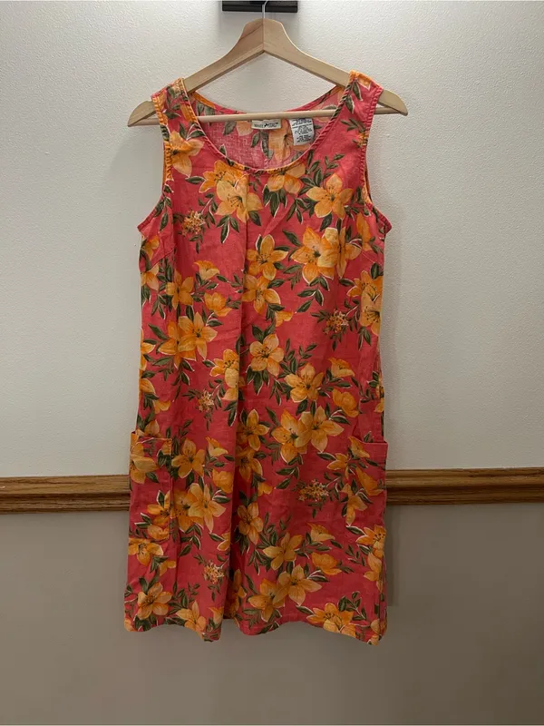 Vintage 90s Tropical Flower Hawaiian Linen Midi Dress size medium/large - Image 2