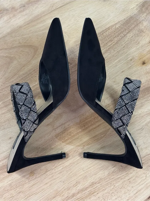 Nine West Greet Rhinestone Strap‎ Pointed Toe Mule Pumps Black Silver 7 - Image 5
