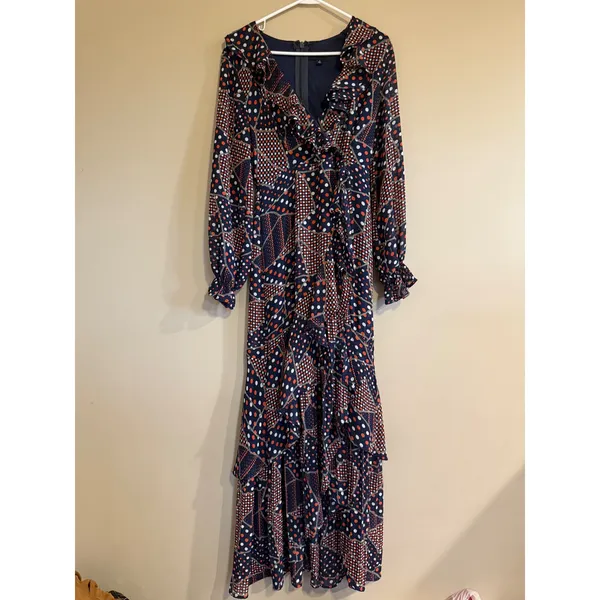 The Sang Navy Orange Polka Dot Patchwork Ruffle Maxi Dress Womens Small SDD30145 - Image 5