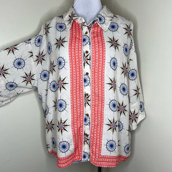 By Anthropologie Linen Blend Top MEDIUM Oversized Bohemian Button Printed Hippie - Image 4