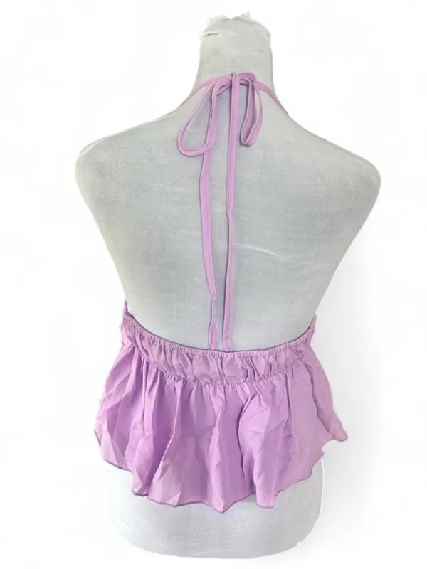 UUE Women's Purple Solid Halter V-Neck Ruffle Backless Tank Top, Size S - Image 6