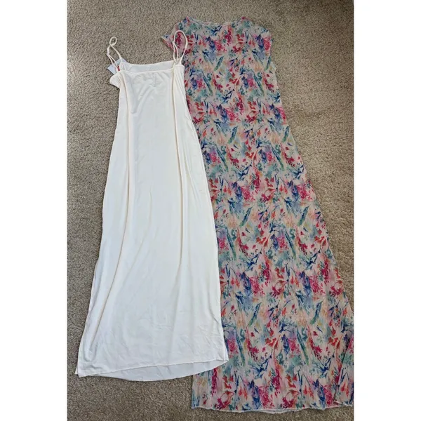 Romantic Watercolor Floral Pleated Maxi Dress Set With Slip Fits Like S new - Image 3