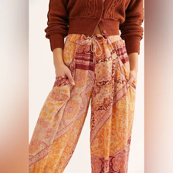 Free People Begonia Balloon Pants Boho Patchwork Harem Cropped Rayon Size Small - Image 2