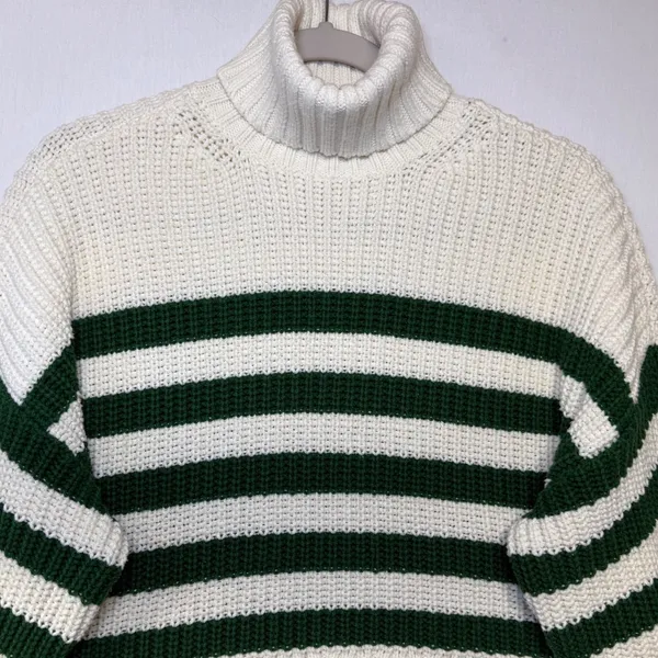 Madewell Womens Wide Ribbed Striped Turtleneck Sweater Small Ivory Green - Image 4