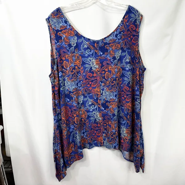 Woman Within 1X Tank Top 22/24W Blue Orange Paisley Sleeveless Rayon Coastal 750 - Image 2