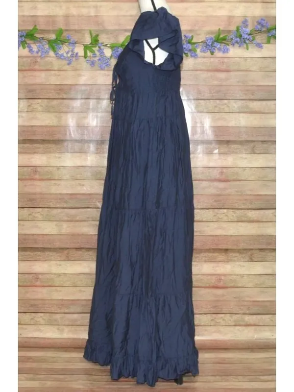 In February Navy Blue Tiered Maxi Dress Size L Milkmaid Puff Sleeve Keyhole Tie - Image 5
