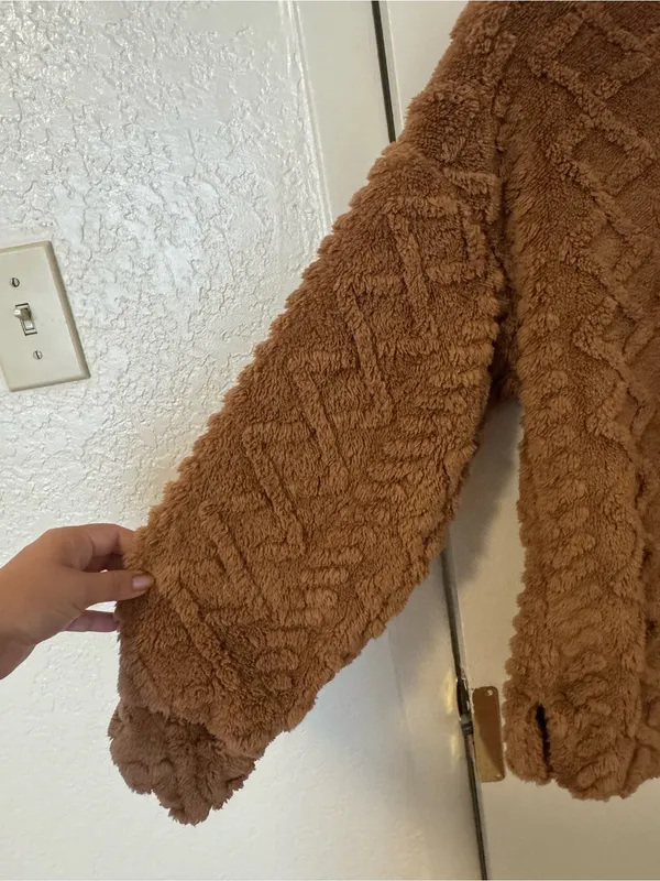 Kate Park Brown Cable Diamond Pattern Teddy Sherpa Fleece Quarter-Zip Pullover M - Image 3