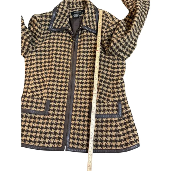Peck & Peck Houndstooth Wool‎ Blend Zip Jacket Brown Tan Faux Leather Trim Sz 12 - Image 7