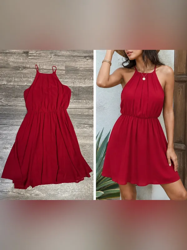 Miami Burgundy Halter Mini Dress Flowy Pleated Sleeveless Party Dress - Image 2