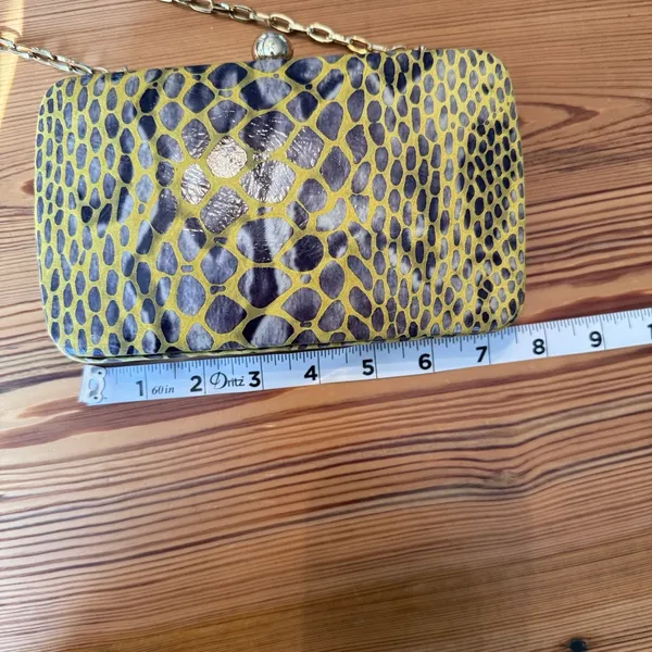 Tory Burch Handbag RARE Clutch Yellow Hard-side Leather Animal Print Chain Strap - Image 10