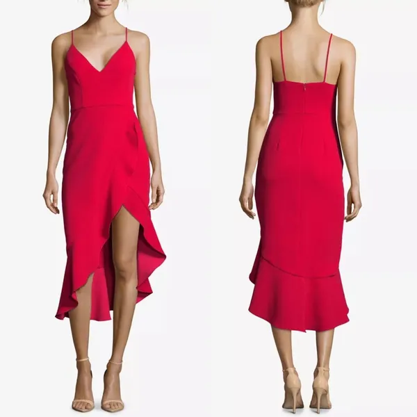 XScape Womens Asymmetrical Ruffle Midi Dress Size 4 Red Cocktail Wedding Guest Event - Image 10