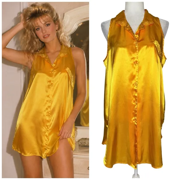 Vintage Stefanie Lingerie Slip‎ Dress L Chemise Button Golden Yellow Hong Kong - Image 2