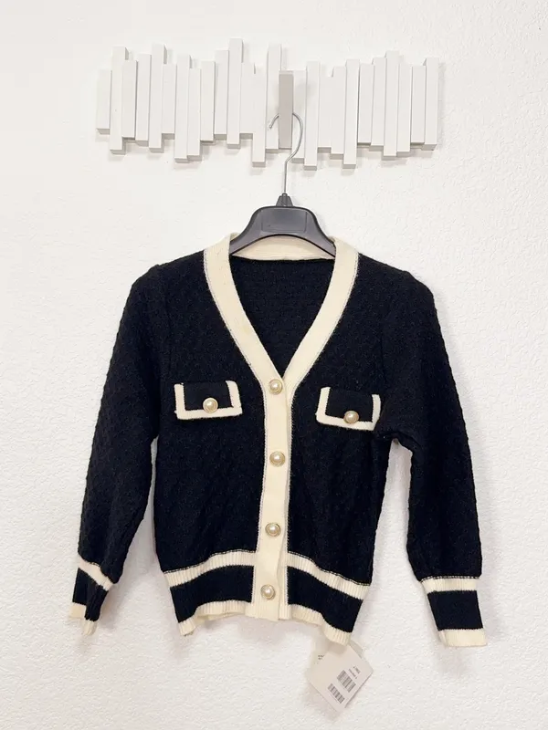 J.ING Black White Contrast Trim Boucle Knit Pearl Button Cardigan Sweater - Image 6
