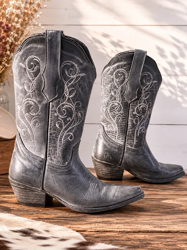 Sterling River 6.5 Gray Leather Cowgirl Western Boots Embroidered Mexico SRC 516 - Image 2