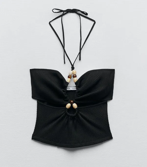 ZARA Black Ribbed Cut Out Crop Top With Beads - Image 8