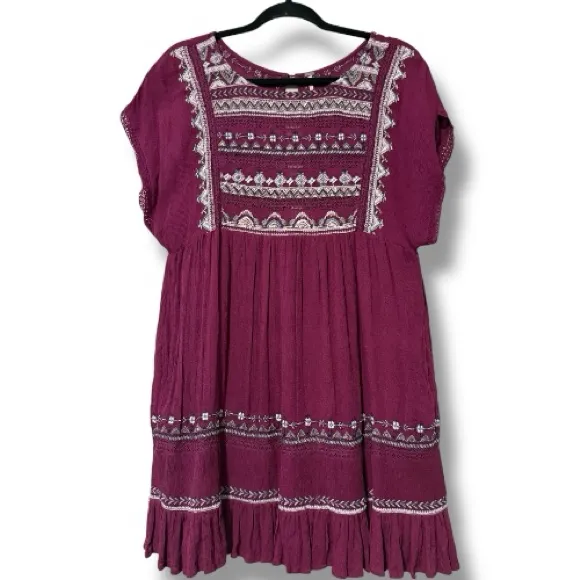 Free People Women’s Size S Sunrise Wanderer Mini Boho Embroidered Dress Plum - Image 3
