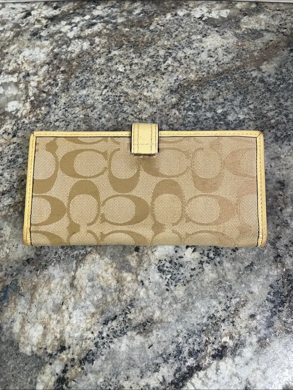 Coach Signature C Tan Clutch Wallet with Yellow Trim - Image 8
