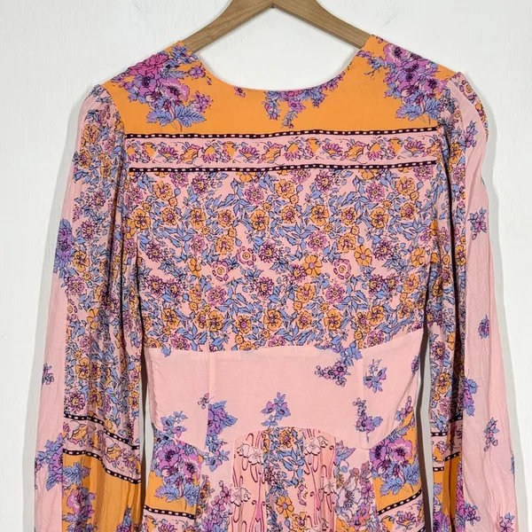 Free People Mixin' It Up Mini Dress XS Pink Orange Paisley V-Neck Boho Hippie - Image 7