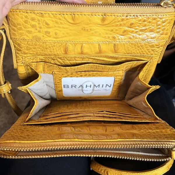Brahmin Yellow Croc Embossed Crossbody Zip Top Turn Lock Gold Hardware - Image 4
