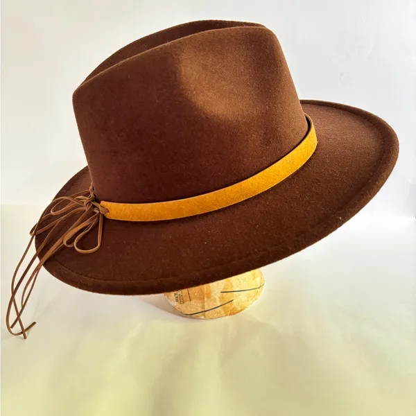 Chocolate Brown Felt Fedora with Mustard Ribbon - Image 2