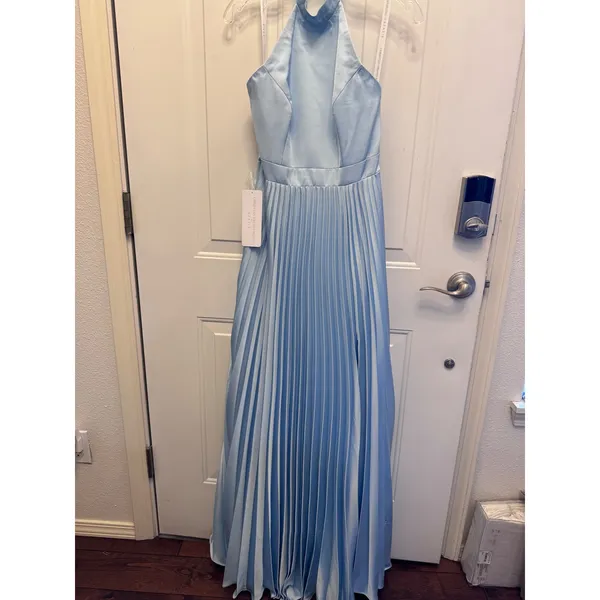 Azazie Christian Siriano Keita Sky Blue Pleated Halter Chiffon Gown Dress A6 NWT - Image 4
