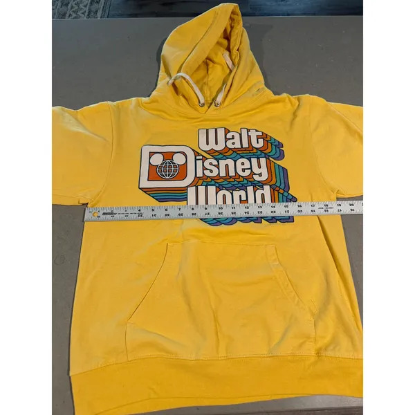 Yellow Walt Disney World Hoodie Pullover‎ Sweatshirt Retro Logo Graphic Size S - Image 4
