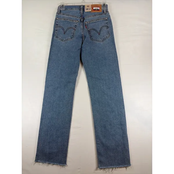 Levis Wedgie Straight High Rise Distressed Raw Hem Jeans Blue 24x28 NEW US Sz 0 - Image 4