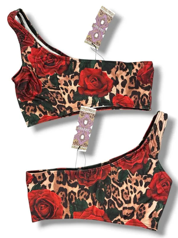 NWT Boohoo Leopard & Rose Print One Shoulder High Waist Bikini Set Size 10 - Image 4